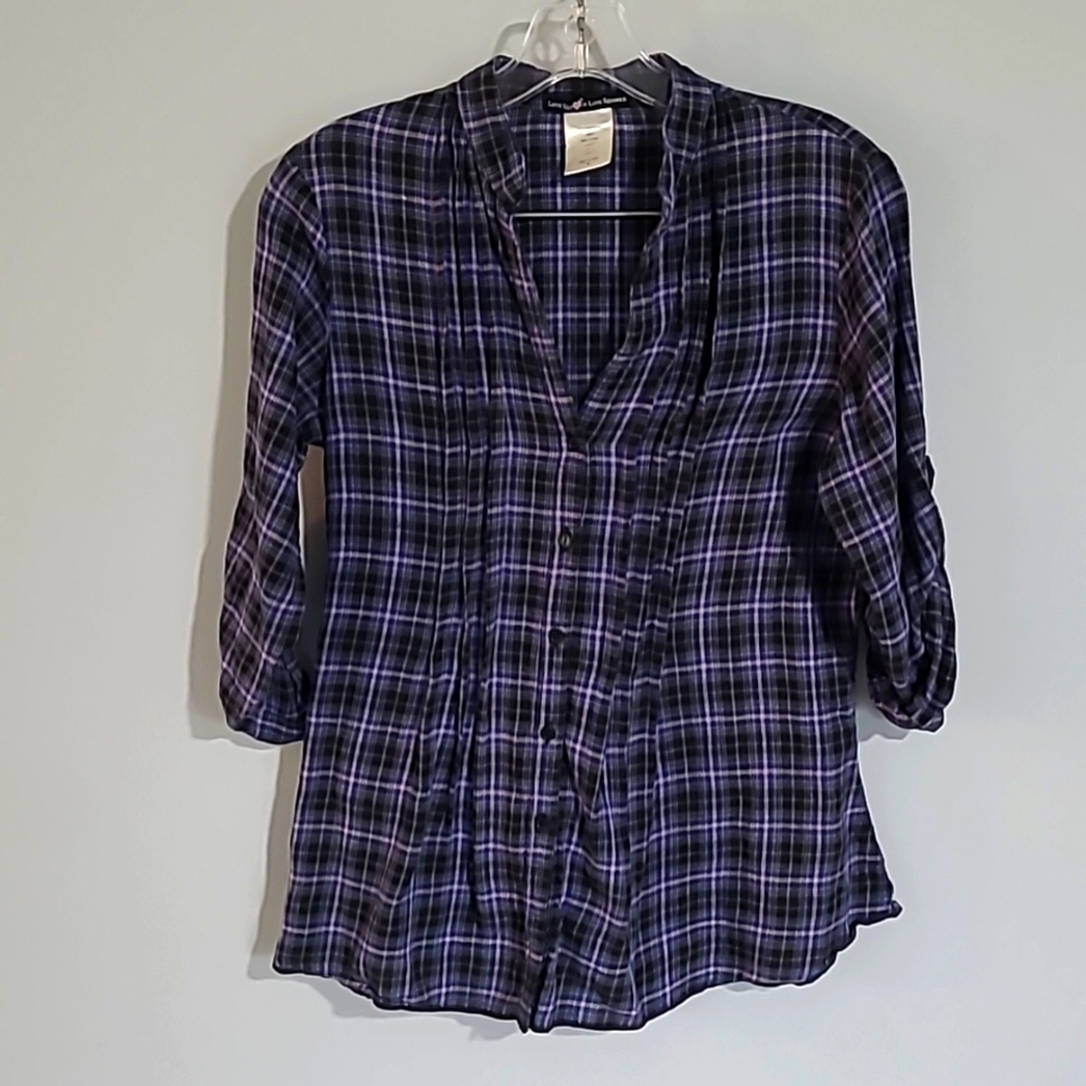 Purple & Blue Plaid Flannel Button-Up Shirt, 3/4 length sleeve, Small, Like New